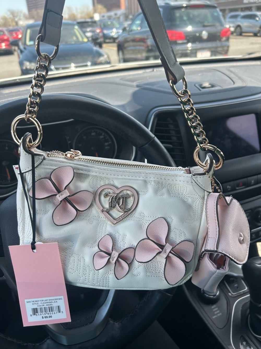 Juicy Couture White Shoulder Bag with Pink Floral Appliqués